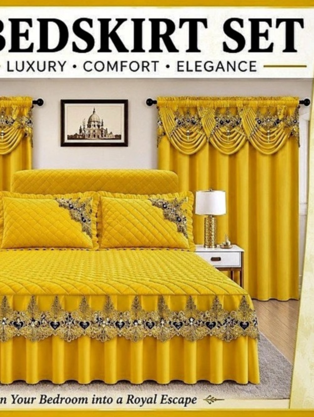 BOLIFT PCS Bedskirt Set 5-Piece Yellow Polyester Bedding Set NWT